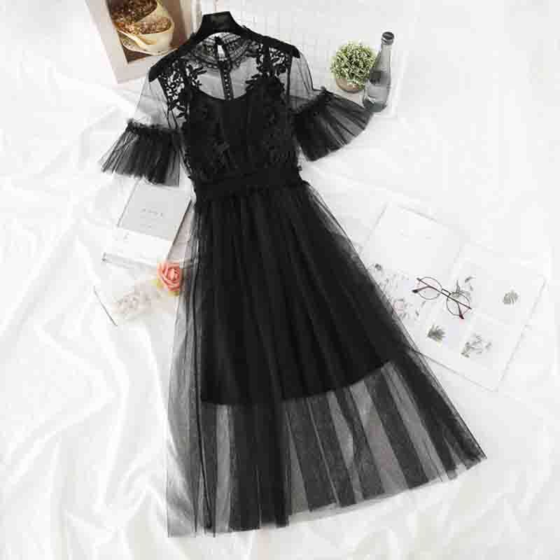 Lotus Leaf Collar Short Sleeve Party Dresses Summer Sweet Mesh Patchwork Lace Dress Two Pieces Women Long Dress Vestidos 210521