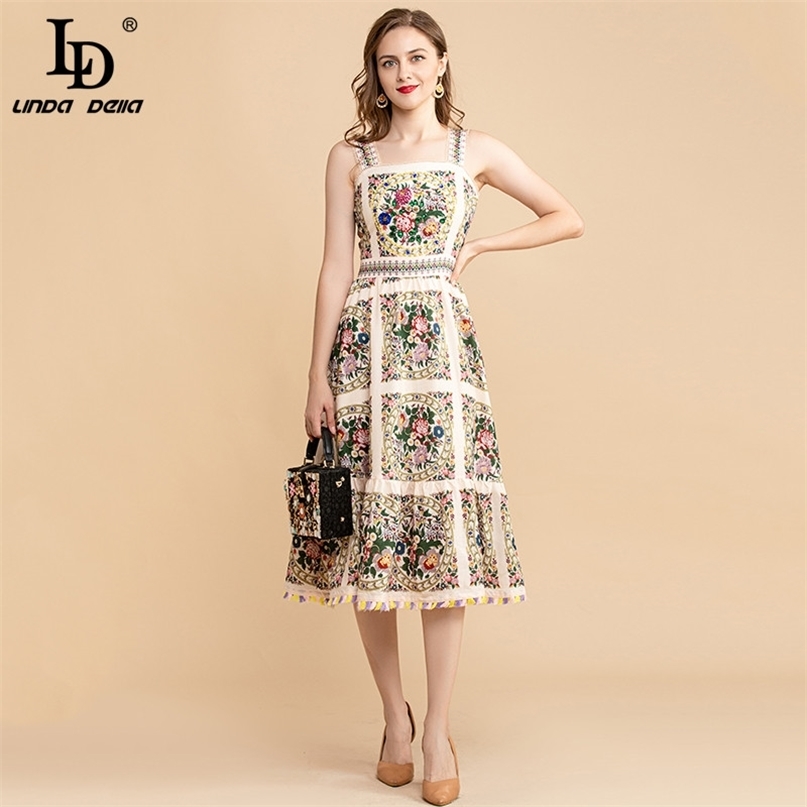 Summer Fashion Runway Vintage Dress WomenSpaghetti Strap Beautiful Floral Print Beading Midi Party Elegant 210522