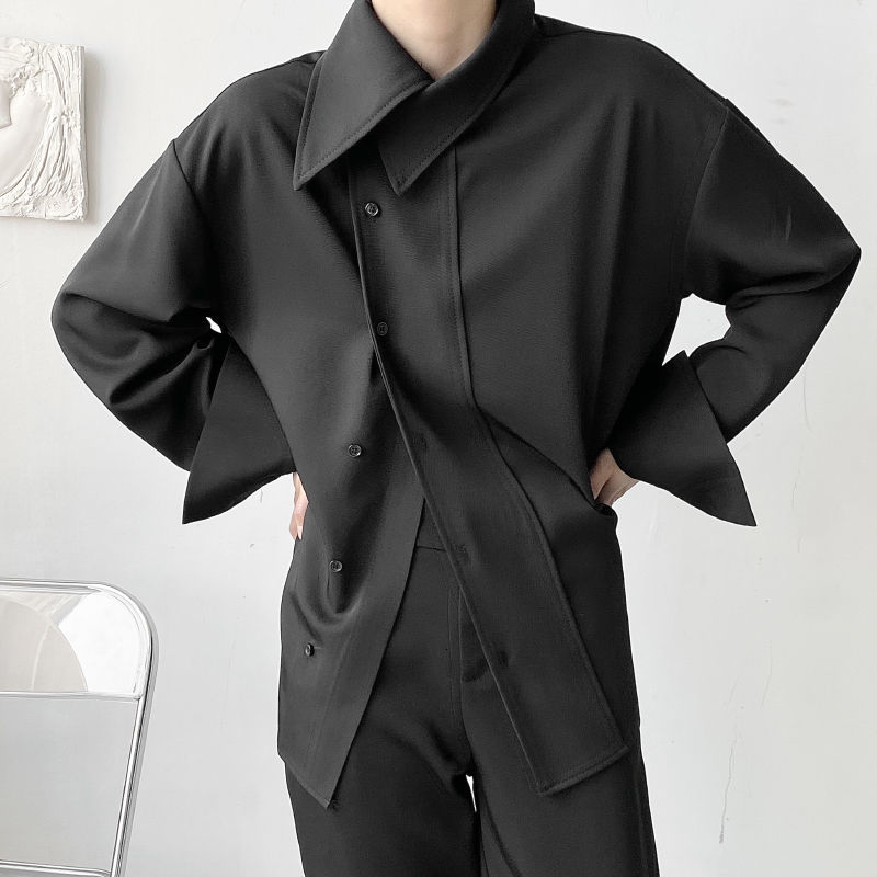 IEFB Niche Korean French Asymmetric Cool Shirt Men's Loose Big Size Black White Solid Color Long Sleeve Tops 9Y7039 210524