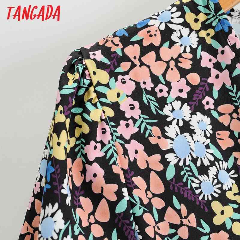 Women Green Flowers Print Chiffon V Neck Short Sleeve Ladies Vintage Dress Vestidos 1F175 210416