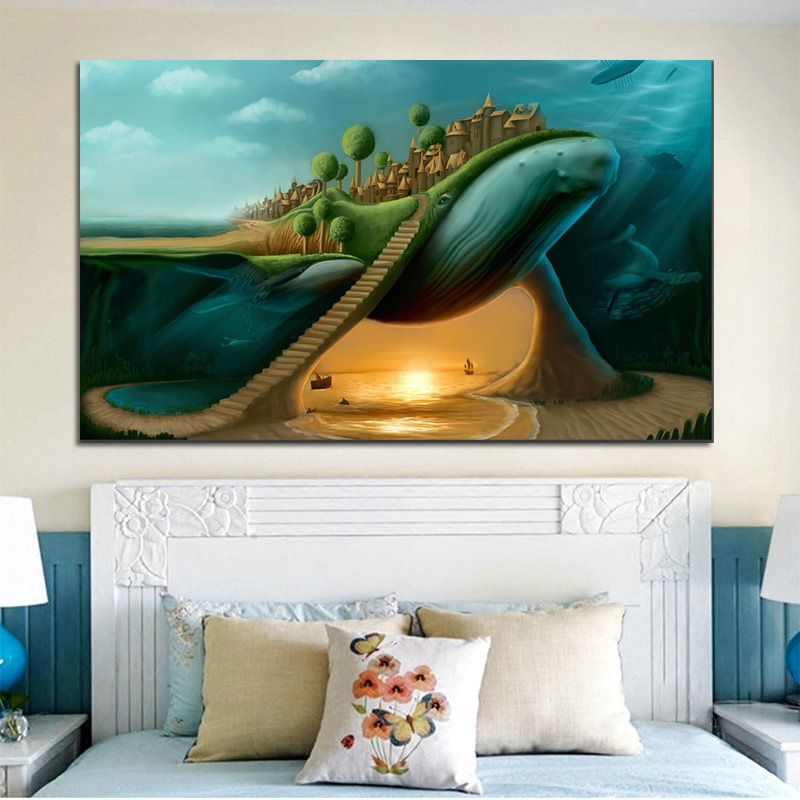 Hotselling Abstract Surrealism Whale And Castle Printed on Canvas Wall Art Picture Living Room Kid's Home Poster Cudros Decor