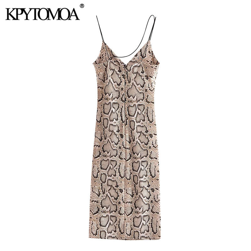Women Sexy Fashion Snake Print Midi Dress Backless Zipper Thin Straps Female Dresses Vestidos Mujer 210420