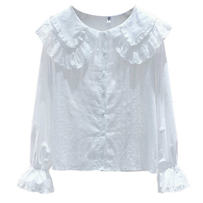 Solid Sweet Top Peter Pan Collar Flare Sleeve Blouse Women Single Breasted Full Shirt 210615