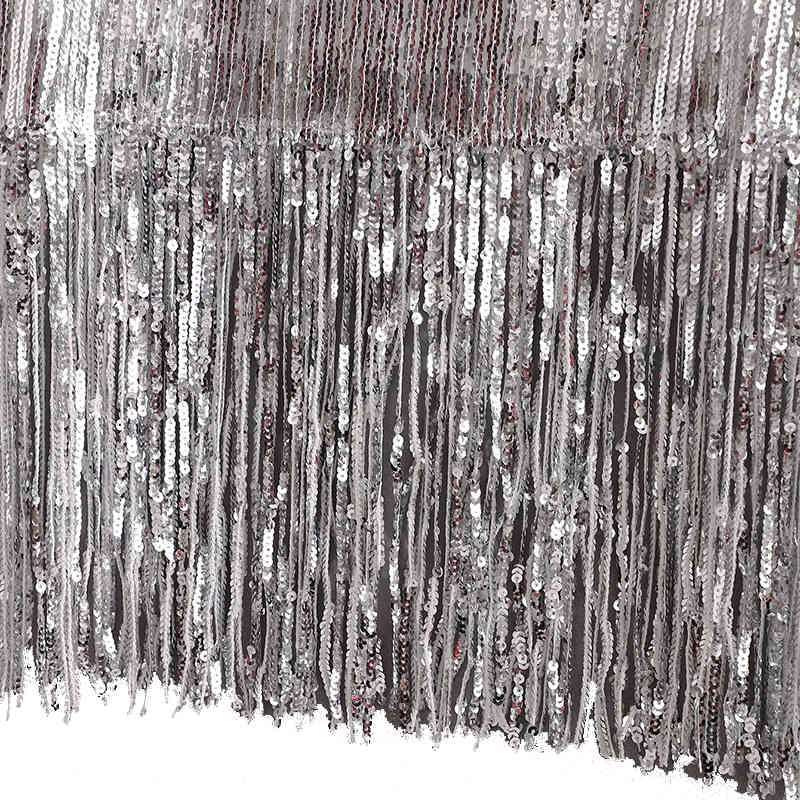 Women's Fashion Over-The-knee Sequined Temperament Fringe Skirt High Waist Mid-Length Slim Wrap Hips Silver Metal Bling 210521