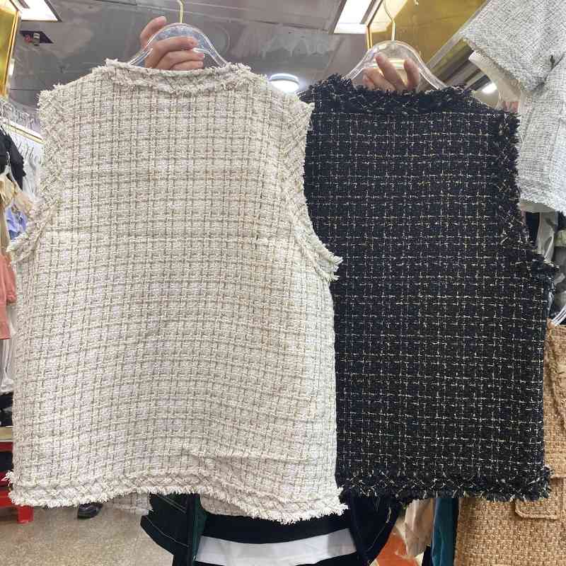 Autumn Women Tassel Tweed Vest Sleeveless Jacket Fashion Pocket V-Neck Coat Lady Loose Vests 210520
