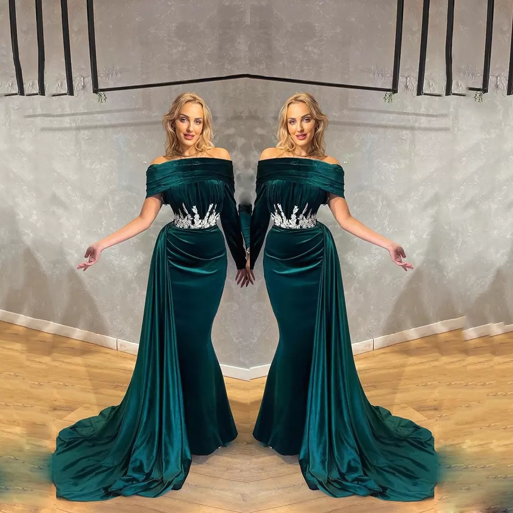 Hunter Green Mermaid Satin Prom Dresses Off The Shoulder Short Sleeves Appliques Lace Evening Gowns Robes De M26 0510