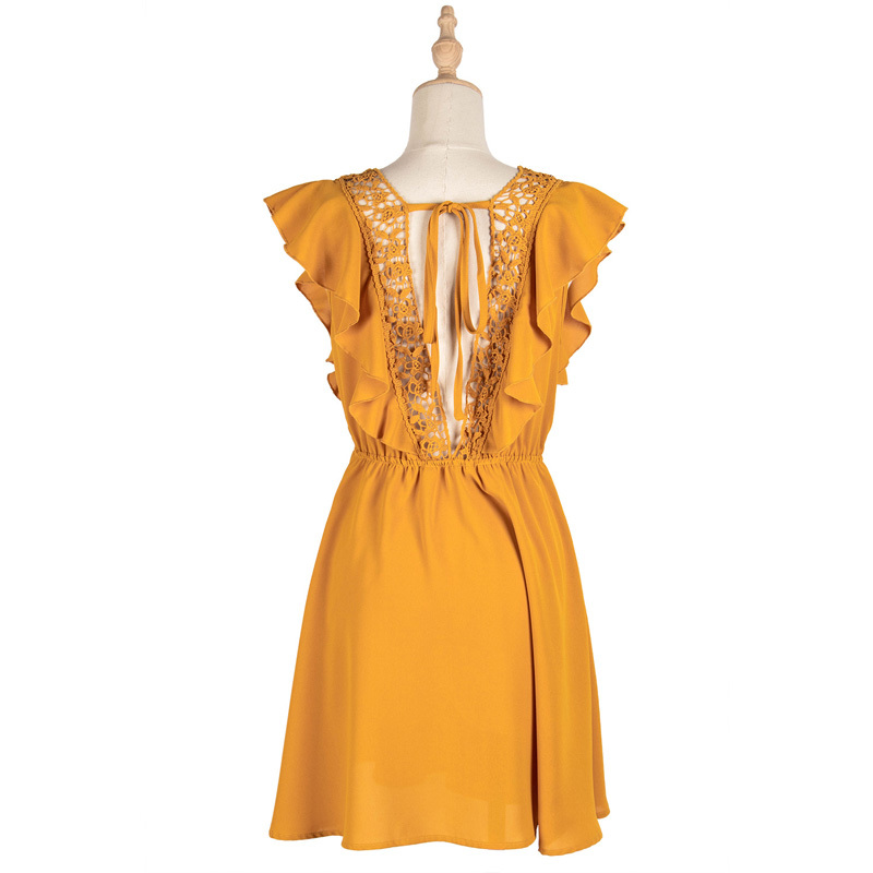 Square Collar Hollow out Drawstring Waist Ruffle Summer Dresses Women Holiday Style Backless Solid A-Line Mini Dress 210510