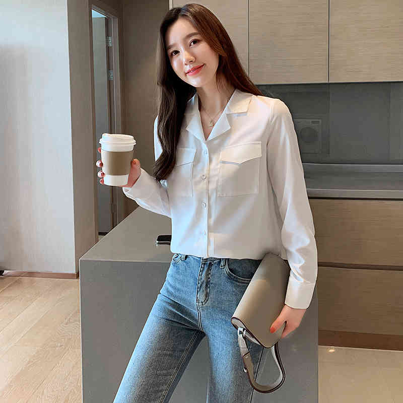 Autumn Korean Suit Collar Long Sleeve Chiffon Women's Blouse Solid White Shirt Button Cardigan Blusas Mujer 10696 210518