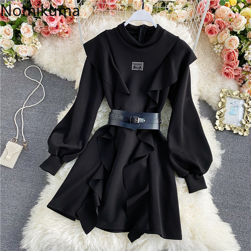 Nomikuma Sweet Ruffle Patchwork Women Dress Korean Stand Neck Lantern Sleeve Dresses Spring New A-line Vestidos Femme 6D977 210427