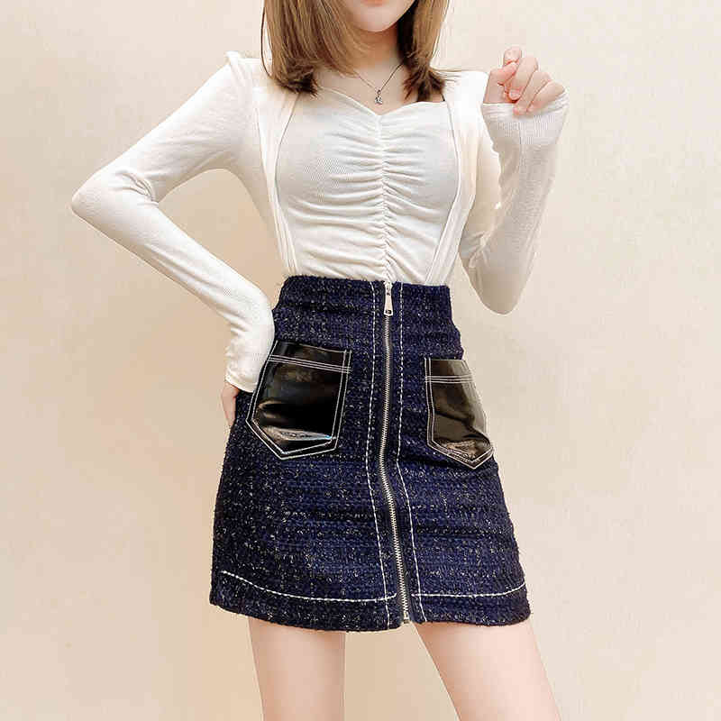 Nomikuma High Waist Woolen Mini Skirts Spring New Zipper Slim Sexy Women Skirt Causal Pockets Patchwork Faldas Mujer 6E476 210427