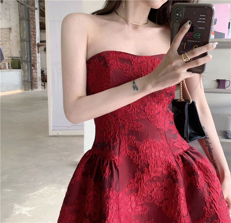 Sexy Strapless Party Dress Women Jacquard High Waist Ball Gown Club Backless Vestidos Summer Shoulderless Dresses 210519