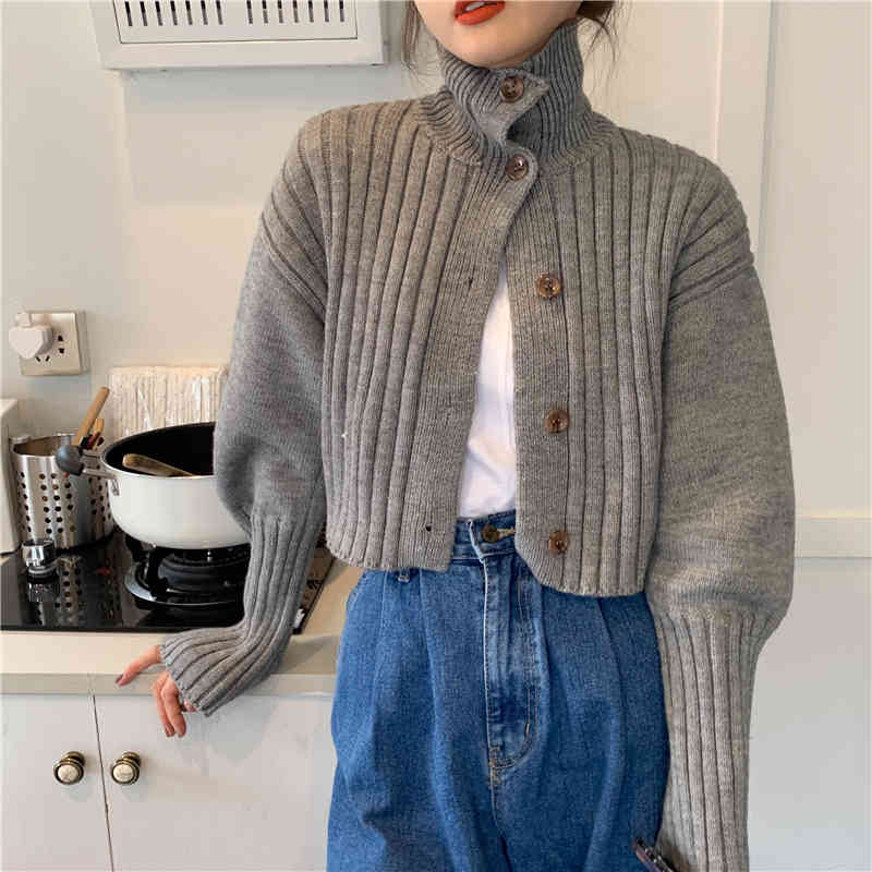 Nomikuma Short Knitwear Cardigan Autumn Winter Turtleneck Long Sleeve Sweater Coat Causal Solid Korean Knitted Jacket 6D231 210427