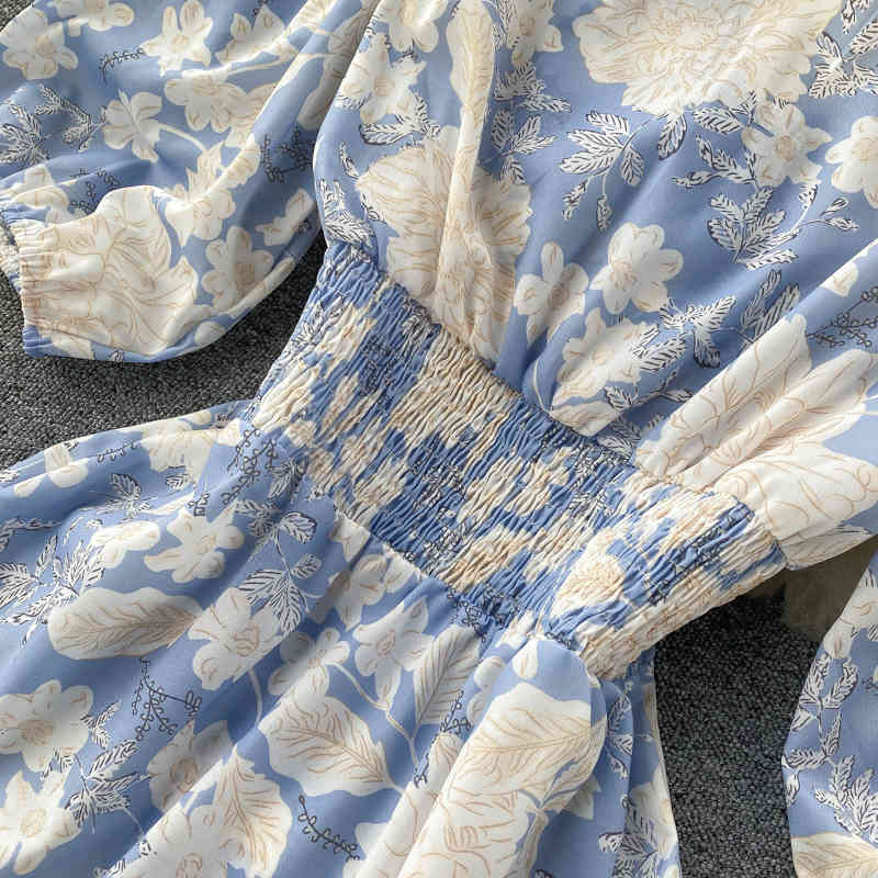 FMFSSOM Summer Spring Floral Printed V-neck Single Breasted Puff Sleeve Women Female A-line High Waist Midi Dress 210329