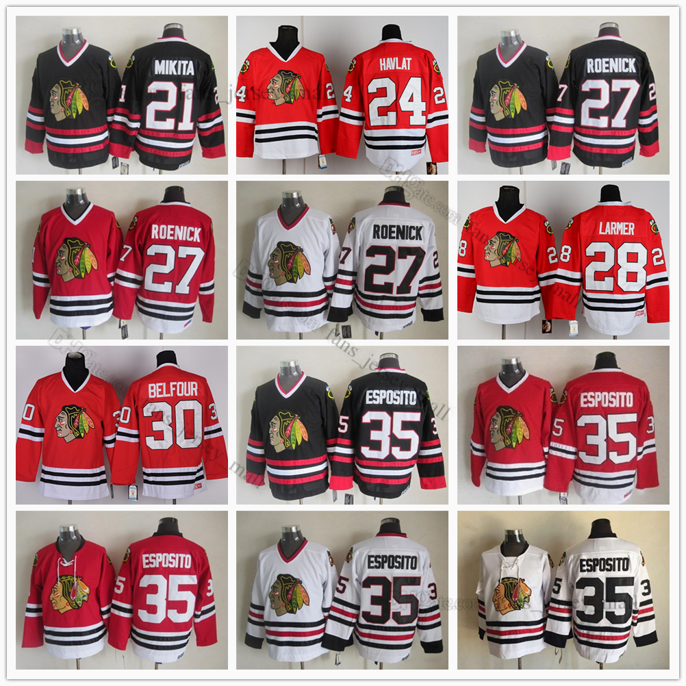 

Vintage CCM Buffalo Sabres Ice Hockey Jerseys 27 Jeremy Roenick 28 Steve Larmer 30 Ed Belfour 35 Tony Esposito 21 Stan Mikita Jersey Red White, Same as picture