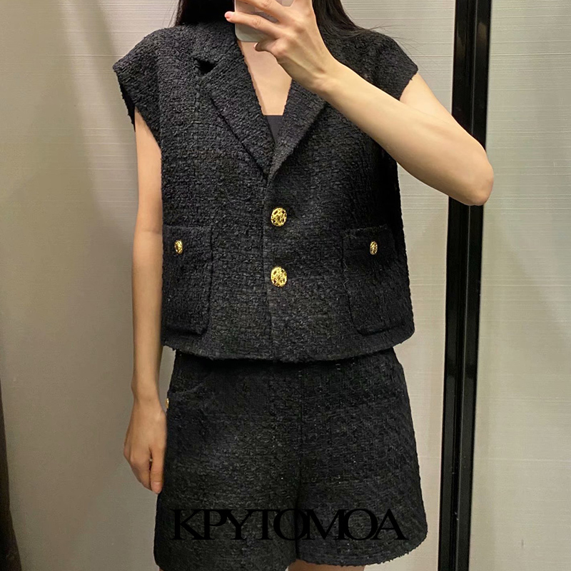 Women Fashion With Metal Buttons Tweed Cropped Waistcoat Sleeveless Elastic Hem Female Vest Coat Chic Tops 210420