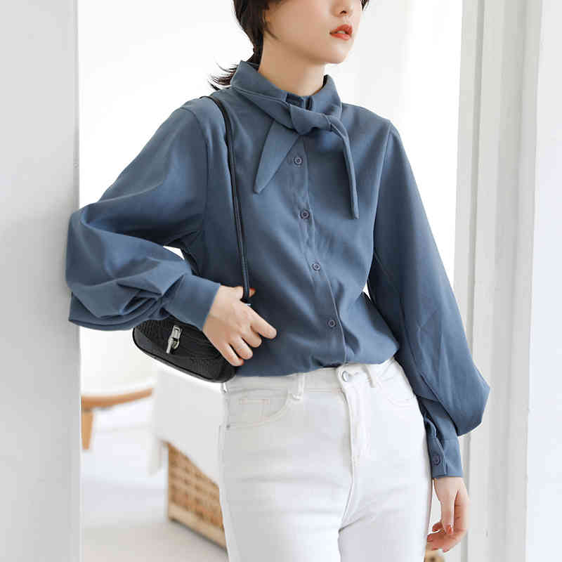 Blouse Women clothes Black Spring Winter Lantern Sleeve Shirt 's Loose Bow Long-sleeved Tops blusas 997E 210420