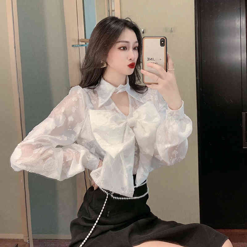 Sweet Big Bowknot Shirt For Women Turn Down Collar Blouse Female Summer Sexy Hollow out Tops Clothes 210519