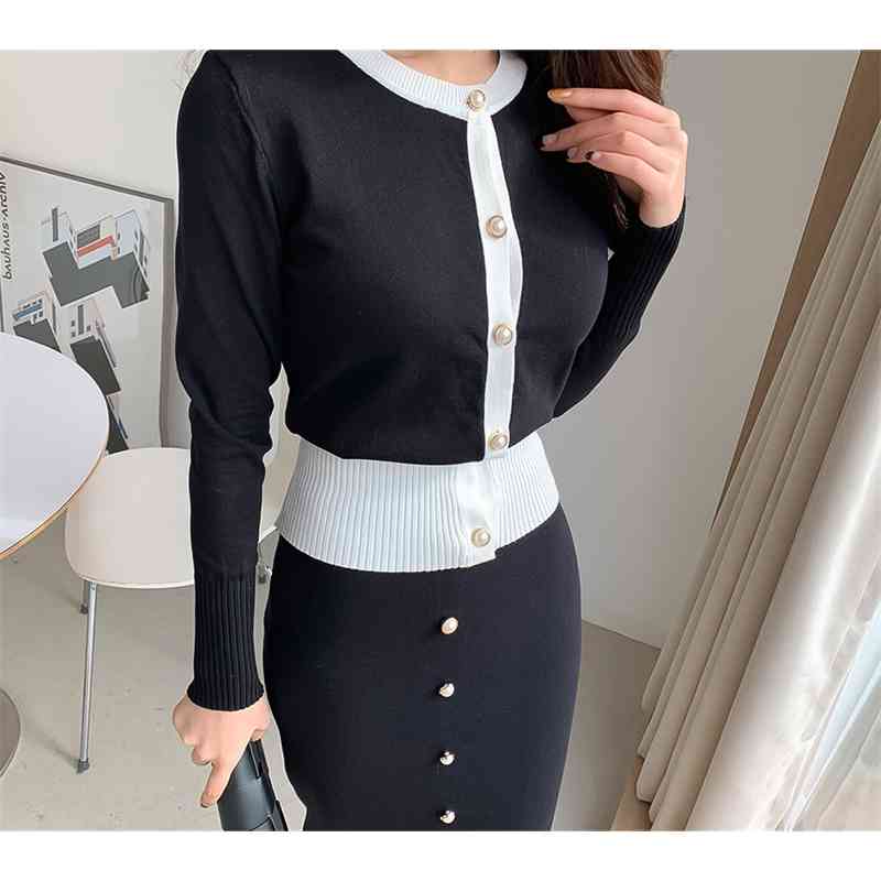 Spring Autumn Sweater Two Piece Set Fashion Women Black white Hit color Knitted Cardigan Coat+Single Breasted Midi Pencil Skirt 210519