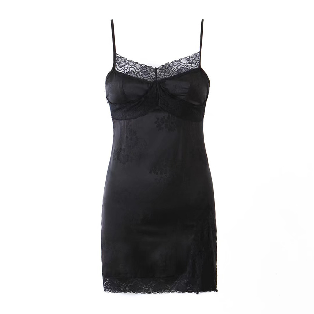Sexy Spliced Lace Jacquard Bright Satin Sling Dress Woman Vintage Spaghetti Strap Bodycon Like Silk Short Base Black 210429