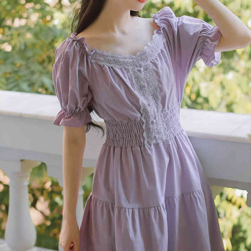 Luck A Girl Summer Purple Elegant Lace Long Maxi Dress Vintage Square Collar French Princess Dresses Casual Holiday Party Dress 210331