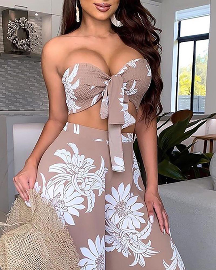 Women Sets Sexy Two Piece Skirt Bow Lace Up Print Bra Top With High Wait Maxi And 210524