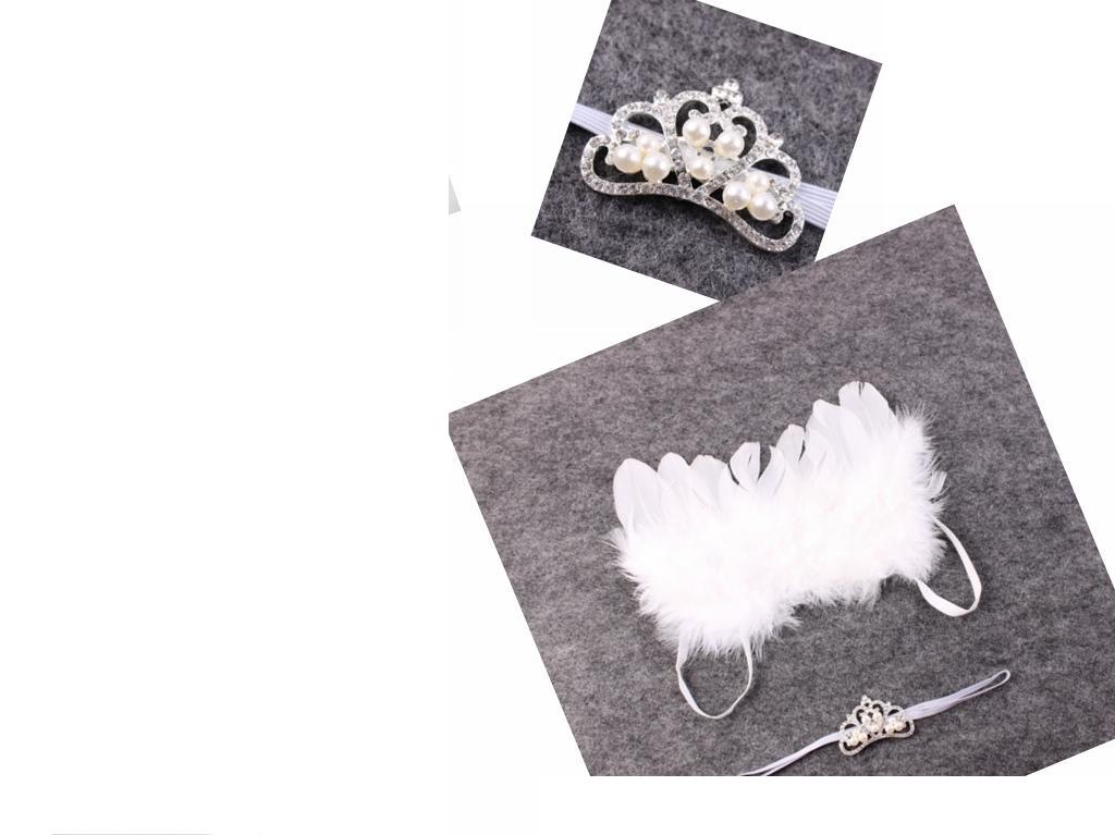 1set Baby Girl White Feathered Angel Wings Thin Elastic Hair band Pearl Crown Hair Accessories Perfect Newborn/Maternity Photo Prop