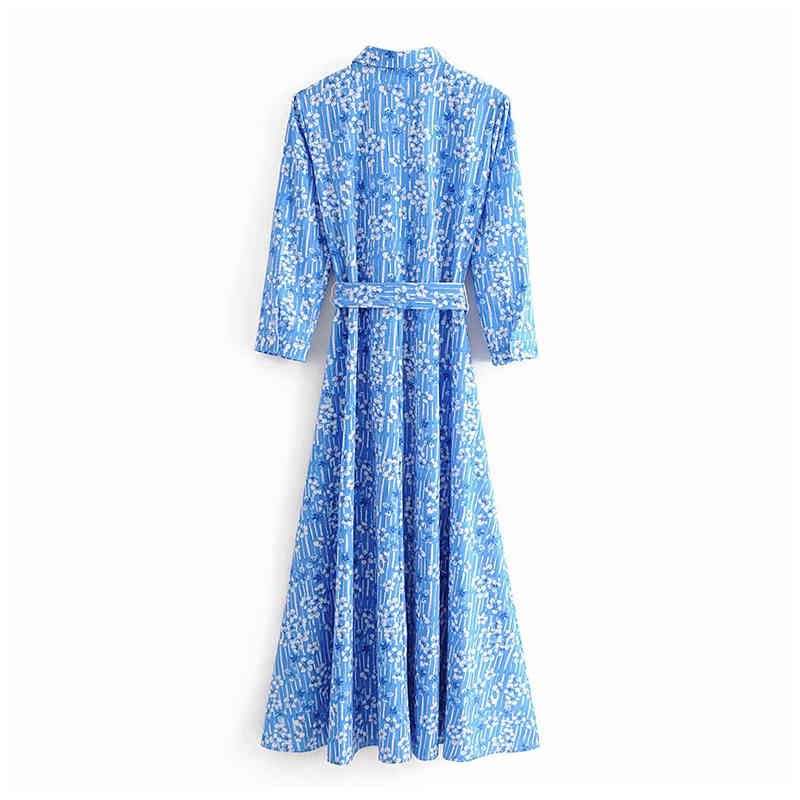 Lady Fashion Floral Print Long Dress Spring Sleeve Sashes Shirt Women Turn Down Collar Female Loose Casual 210515