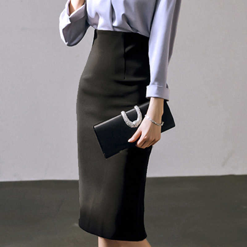 Elegant Ladies Office Pencil Skirt Autumn Black High Waist Knee Length Back Slit Women's Business Work 210603