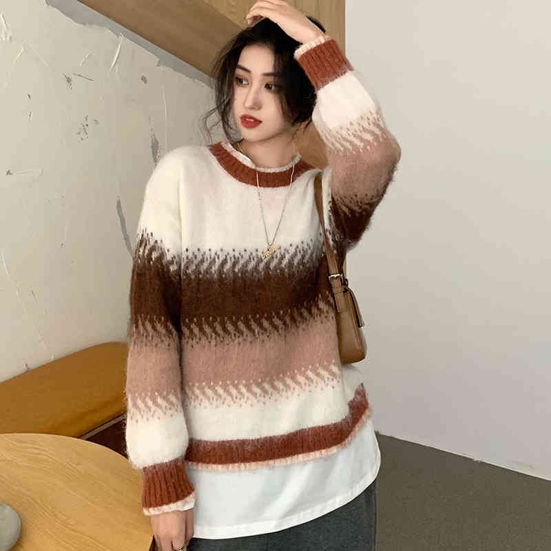 2 colors korean style loose Patchwork knitted warm sweaters womens and pullovers (C9940 210508