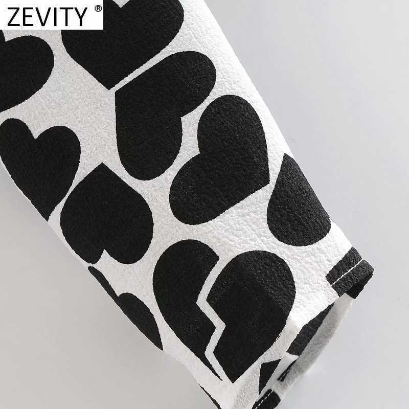 ZEVITY Women French Style Hearts Print Short Blouse Shirt Women Breasted Chic Office Femininas Blusas Crop Slim Tops LS9305 210603