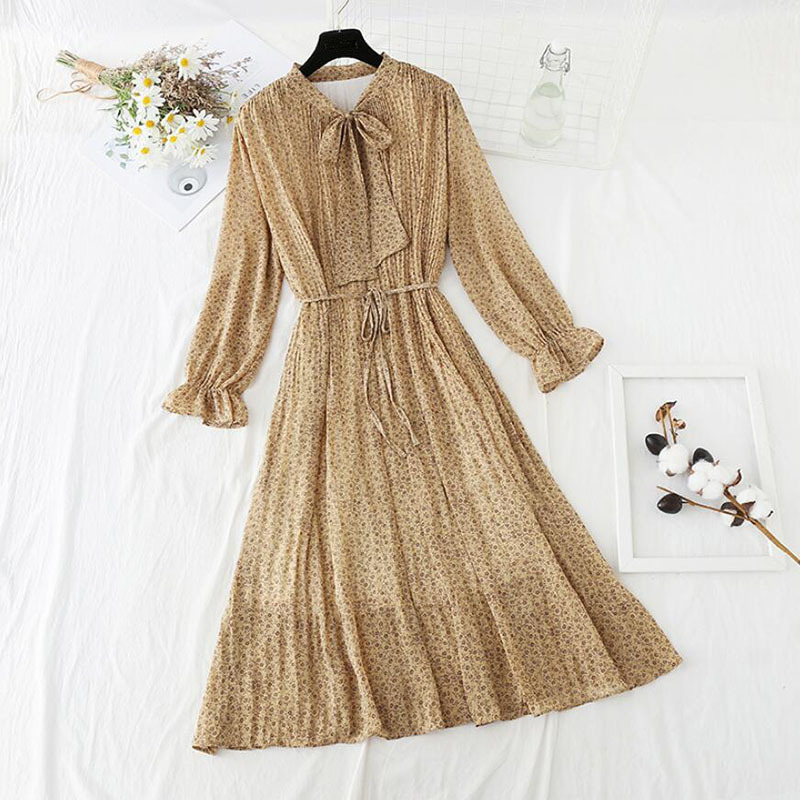 Spring Chiffon Floral Dress Women Vintage Long Sleeve Female Pleated Midi Dress Elegant Sashes Party Vestidos Femme 210521