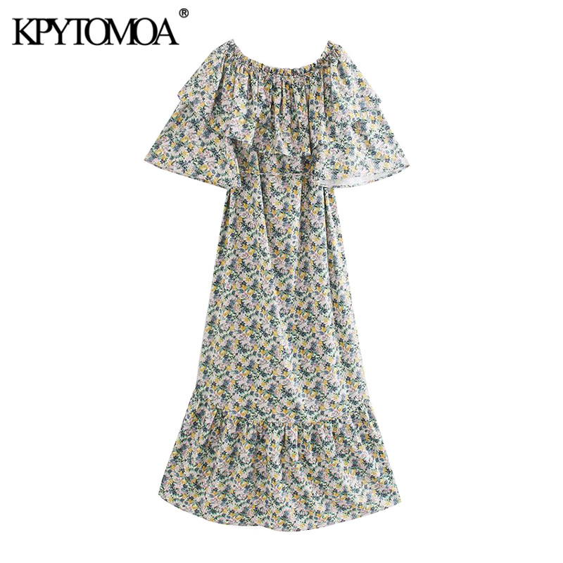 Women Chic Fashion Floral Print Ruffled Midi Dress O Neck Short Sleeve Irregular Female Dresses Vestidos 210420