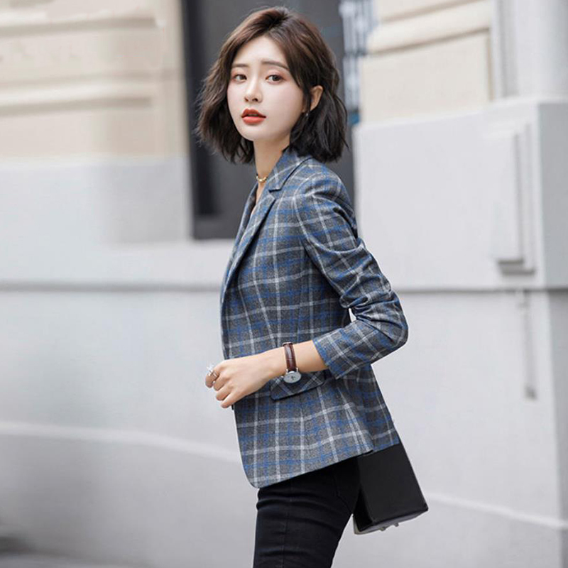 Casual Women Plaid Blazers and Jackets Work Office Lady Suit Slim Double Breasted Business Female Blazer Coat 210524