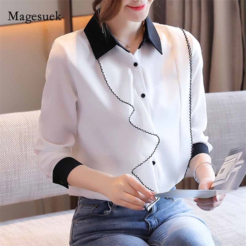 POLO Collar Blouse Solid Ruffles Autumn White Chiffon Shirts Women Tops Fashion Long Sleeve Shirt Cardigan Blusas 10961 210518
POLO Collar Blouse Solid Ruffles Autumn White Chiffon Shirts Women Tops Fashion Long Sleeve Shirt Cardigan Blusas 10961 210518
