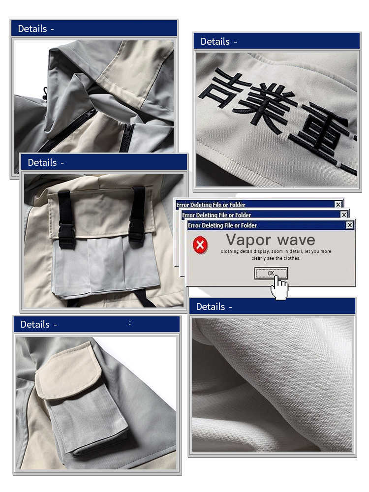 multi pocket stormsuit hiphop casual stitching Half Zip Hooded women Men's clothes Antique jacket Japanese style streetwear 211009