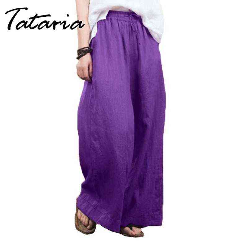 Women Solid Cotton Linen Wide Leg Pants harajuku Casual High Waist big flare Loose Pocket Trousers summer Long Pantalon 4XL 5XL 211115