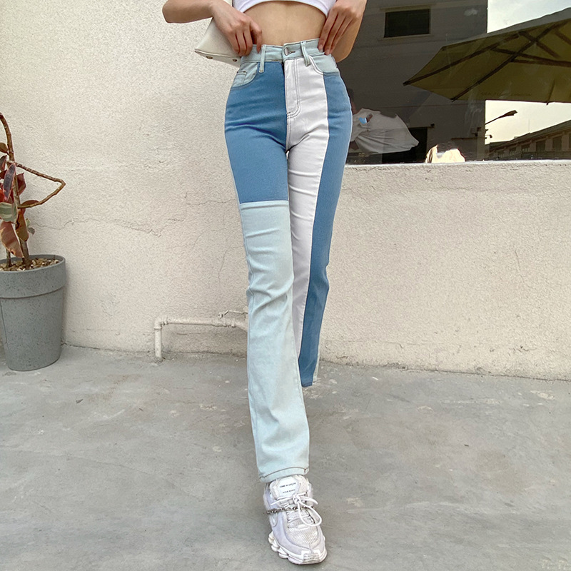 women Jeans Fashion Women patchwork denim pants High waist striaght long female trousers 210524