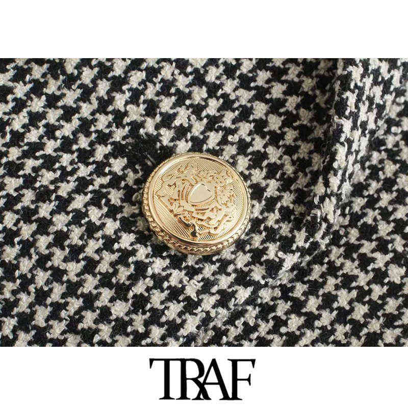 TRAF Women Fashion Houndstooth Fitted Blazer Coat Vintage Long Sleeve Flap Pockets Female Outerwear Chic Veste Femme 211122