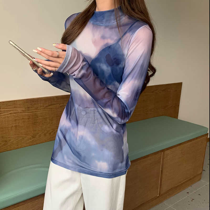 Yedinas Tie Dye Mesh Tops Sexy Turtleneck Summer T-shirt Women Spring See Through Long Sleeve Tshirts Y2k Fashion T Shirts 210527