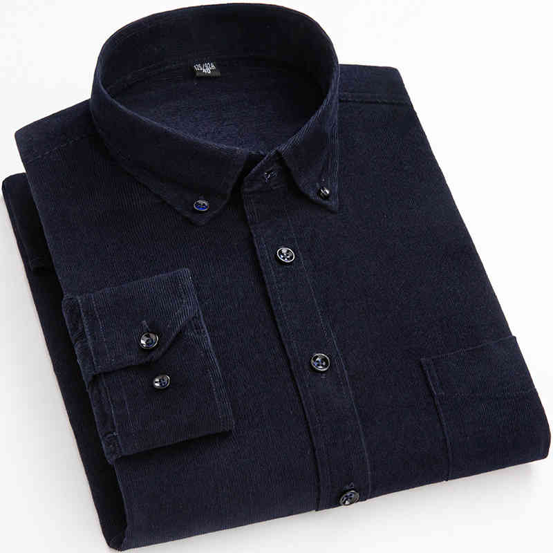 Cotton Corduroy Shirt Long Sleeve Winter Regular Fit Mens Casual Shirt Warm S~6xl Solid Men's Shirts with Pokets Autumn Quality 210410