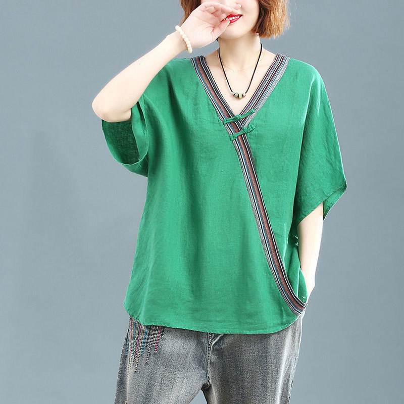 Summer Women Tshirt Plus Size Loose Batwing Sleeve V-neck Tee Shirt Femme Cotton Linen Button Vintage T Lady Tops D89 210512