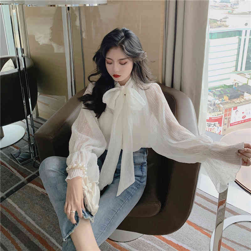 Harajuku Shirt Korean-Style Long-Sleeved Translucent Bow Stand Collar Polka Dot Chiffon Lace Top Women Blouse 988G 210420