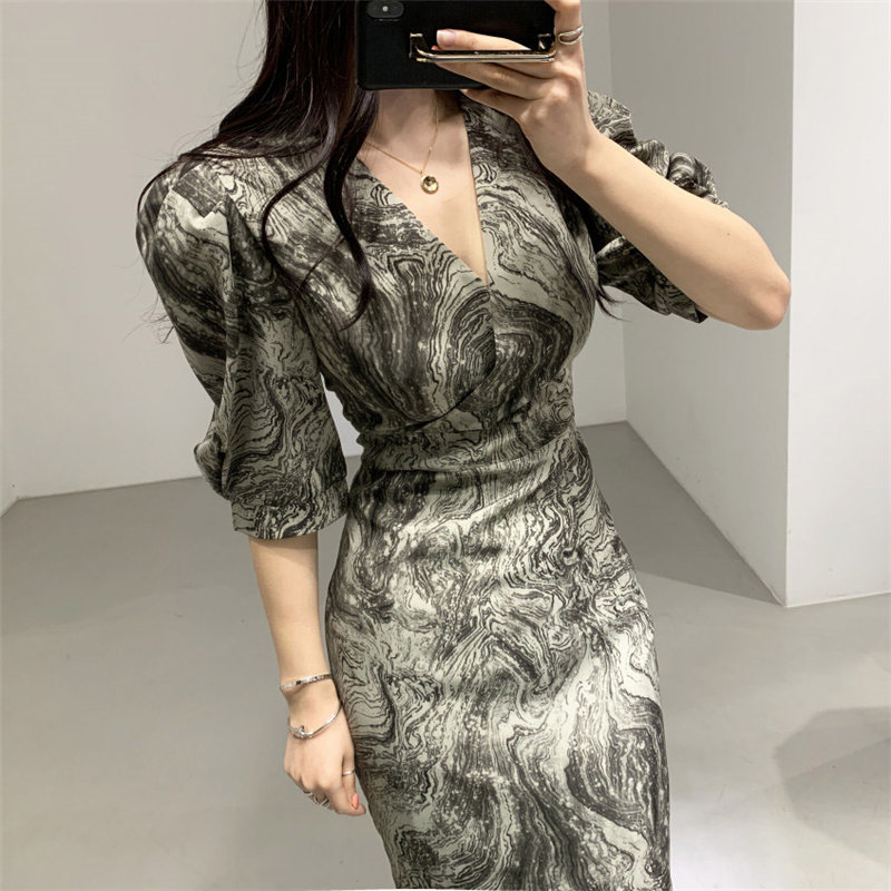 All Match Printed OL Short Sleeves Slimming Chic High Waist Office Lady Retro Vintage Women Elegant Dresses 210421