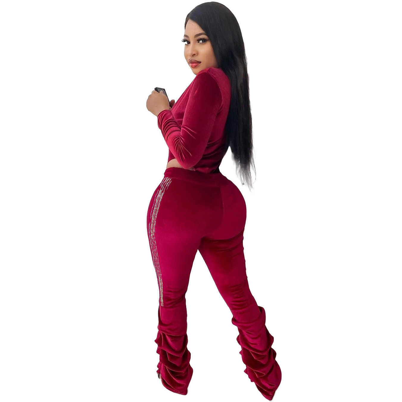 Fall Gold Velour Suit Ladies Sexy Deep V-neck Long Sleeve Jumpsuits +Sequins Stacked Pants Ensemble Femme 2 Pieces Dresy Damskie 210604