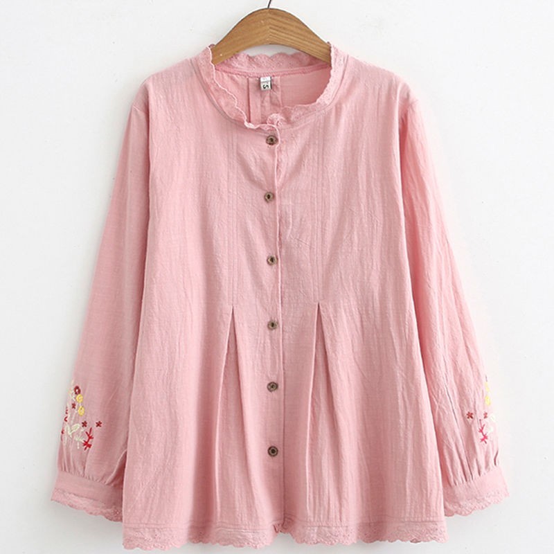 Arrival Spring/autumn Women Loose Casual Long Sleeve Floral Embroidery Blouse Ruffled Collar Cotton Linen Shirts W78 210512