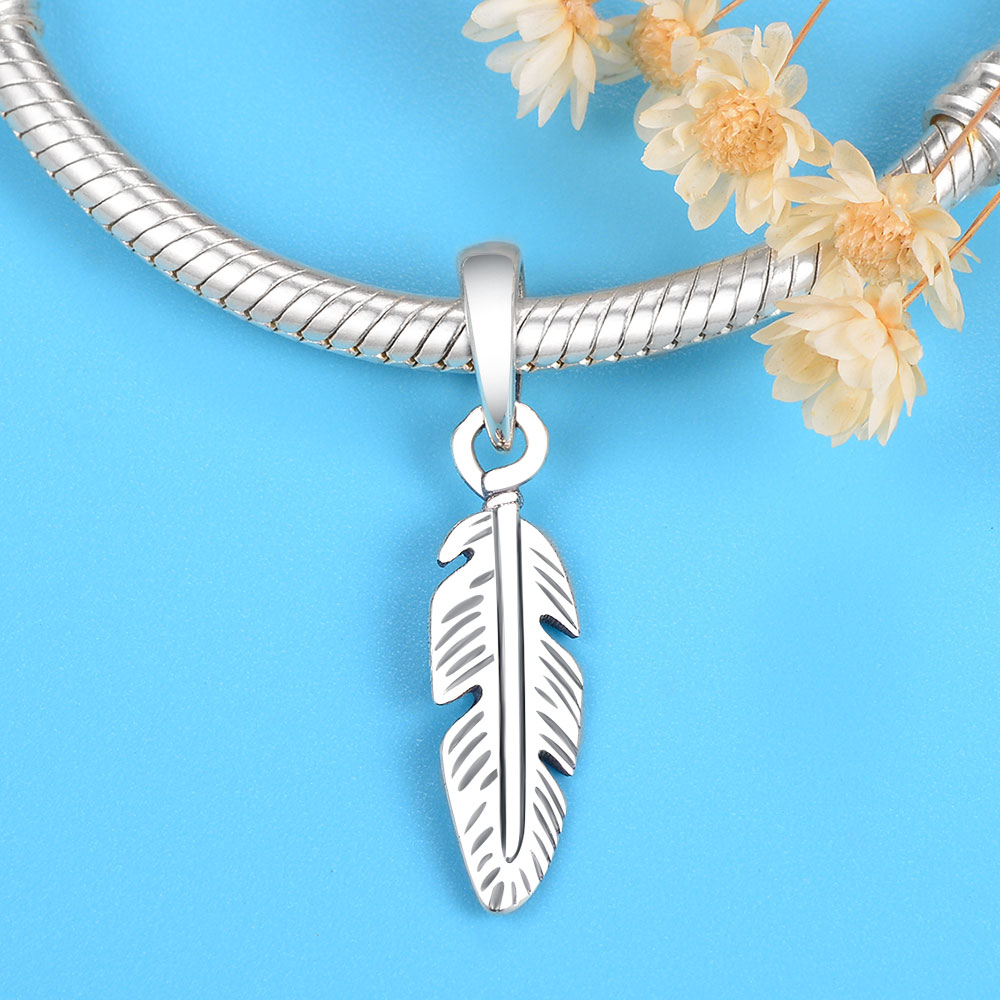Authentic 925 Silver Gold Color Feather Leaf Bead Fit Original Brand Charm Bracelet Necklace Jewelry For Making Women Berloque