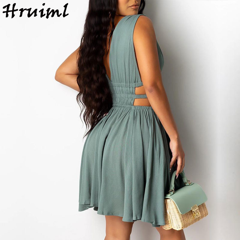 Sexy Dress Women Sleeveless Solid Color Deep V Neck Elastic Waist Party Dresses Evening Backless A Line Mini Vestiti Donna 210513