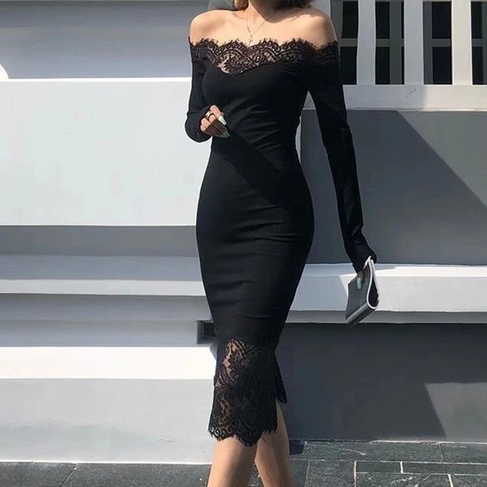 Free Autumn Women's Bodycon Dress Sexy Strapless Long Sleeve Midi Lace Club Evening Party Vestidos 210524