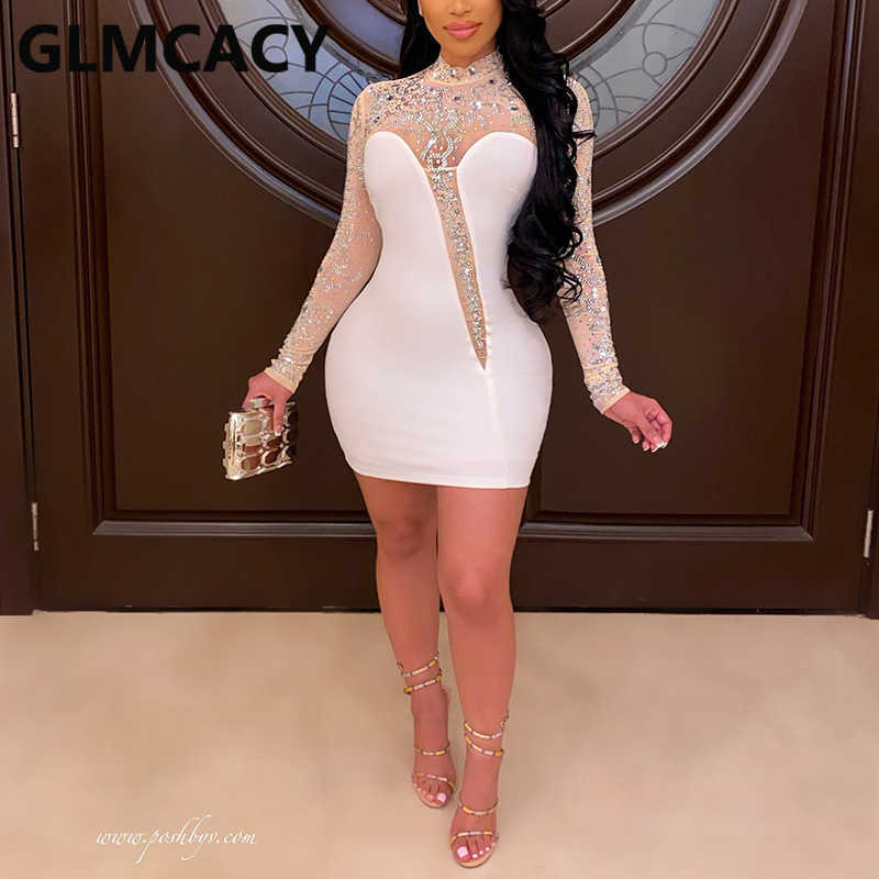 Women Mesh Insert Diamond Embellished Dress Sexy Bodycon Night Party Club Mini Dresses 210702