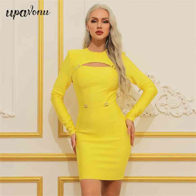 Free Spring Women's Yellow Bandage Dress O-Neck Long Sleeve Sexy Hollow Bodycon Club Party Vestido 210524
